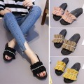 拖鞋女夏2017新款韓版百搭水鑽荷葉邊一字拖平底學生外穿百搭拖鞋