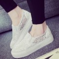 蕾絲一腳蹬女鞋春秋單鞋厚底懶人鞋白色帆布鞋夏休閒平底布鞋板鞋